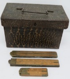 Metal tool box and three wooden folding rulers