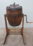 Wooden barrel churn on stand, Flavorite Dobson Mfg Co, Rockford Ill
