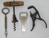 Vintage bottle openers, wooden Pabst, Braumeister, and Malleable Iron Range Co