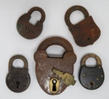 Five vintage metal locks, no keys, 2 1/2