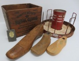 Shoe shine lot with wooden box and metal advertising display with wooden shoe forms and matchholder