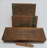 Three wooden cigar boxes and cigar party favor