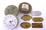 Malleable Iron Range Co badge, vintage dog tags and Standard Open Face Watch mechanism