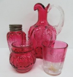 Four pieces of cranberry glass, fern ivy patterned