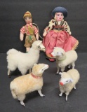 Vintage wool sheep and llama, hand made Farm workers