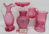 Four pieces of cranberry glass, hand blown candy dish, vase, votive and pitchers