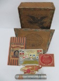 Two wooden cigar boxes, trade cards and 23 cigar bands