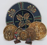 Westmore redware pottery bowl, German city seals and metal Russian figures