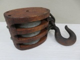 Large wooden three rope pulley, Western Block Co Rockport NY