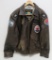 Retro leather jacket with military patches, size large