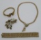 Vintage gold tone jewelry lot, necklace, bracelets and pin