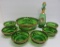 Northwood Peach emerald green berry set and enameled bottle with stopper