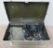 Metal Military trunk foot locker with boots, blanket and belts