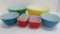 6 pcs of MCM fired on color mixing bowls and storage dishes, Pyrex