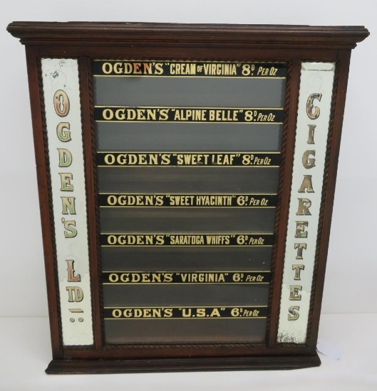Ogden's Cigarette Display, reverse painted and beveled glass, 25" x 30" tall