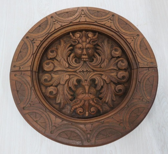 20" ornate round carving, two piece, gargoyle