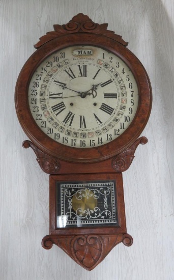 Fantastic Gilbert Maranville Office Drop Calendar Clock, working, 34" tall