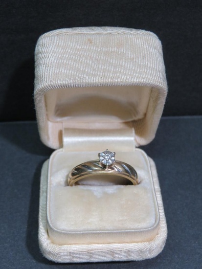 Diamond solitaire ring, marked "10 K", size 6 7/8, with vintage ring box