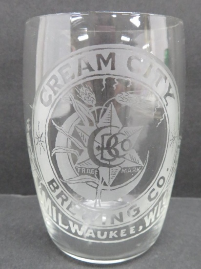 Pre Prohibition Cream City Brewing Co Milwaukee Wis etched glass, 3 1/4"