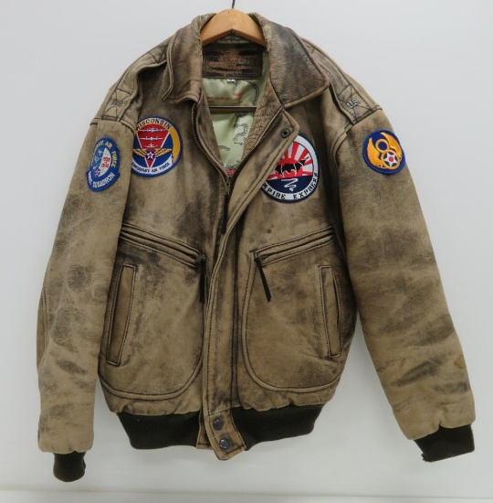 Vintage Retro leather flight bomber jacket with Confederate Air Force patches, size M
