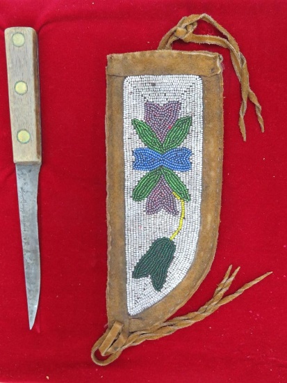 Native American Cree beaded sheath and display case