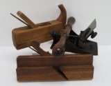 Three antique wood planes, #12 Stanley, Morley Germany horn plane and molding plane