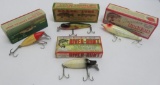 Four wooden lures with boxes
