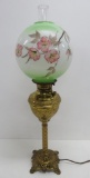 Lovely New Juno banquet lamp, brass base and hand painted globe, 29