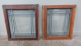 Pair leaded glass windows, painted green/brown frames
