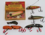 Six vintage fishing lures, five are wooden, 3 1/4