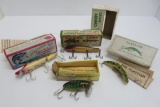 Three vintage wooden fishing lures and boxes, Heddon 1994 Sp Ed Wood Vamp
