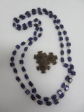 Amethyst and clear glass beaded necklace and cobalt rhinestone goldtone brooch