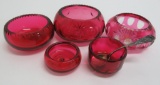 Five cranberry salt cellars, two individual and three master salts