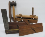 Antique tool lot, planes, hammer and square