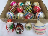 Vintage glass ornaments, three figural, WWII striped and 12 others, 2 1/2