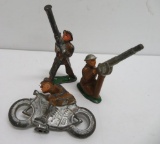 Three Barclay WWII toy soldiers, gunners and motorcycle driver