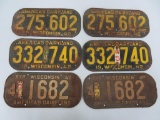 Three pair/sets of 1940's Wisconsin license plates, 13 1/2