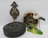 Desk lot Firestone tire ashtray, Badger Meter brass tray, Heron barometer & receipt holder