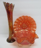 Three pieces of vintage Carnival glass, marigold and amethyst
