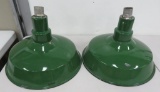 Nice pair of Industrial gas station porcelain pan light fixtures, emerald green, 18