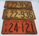 Three 1930's Farm Truck Wisconsin license plates