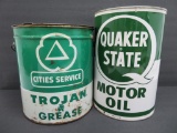 Quaker State Motor Oil and Cities Service Trojan Grease cans