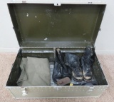 Metal Military trunk foot locker with boots, blanket and belts