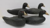 Four wooden coot decoys, composite heads, painted, 11 1/2