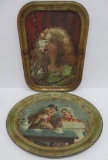 Two metal advertising trays, Pabst Malt Extract and man/woman drinking coffee