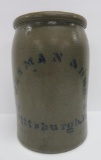 Salt glaze stoneware jar, Weyman & Bro Pittsburg PA, 9 1/2