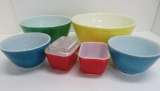 6 pcs of MCM fired on color mixing bowls and storage dishes, Pyrex