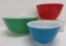 Three Mid Century Modern Pyrex mixing bowls, red, green and blue
