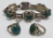 Two rings and bracelet, green stone insets