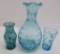 Blue colored pattern glass lot, coin dot vase, and two enameled pieces